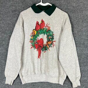 Vintage Winter Red Cardinal Wreath Collared Sweatshirt‎ SZ M
